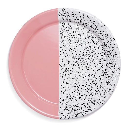 Emaille Teller Pink Pop mit schwarzen Punkten