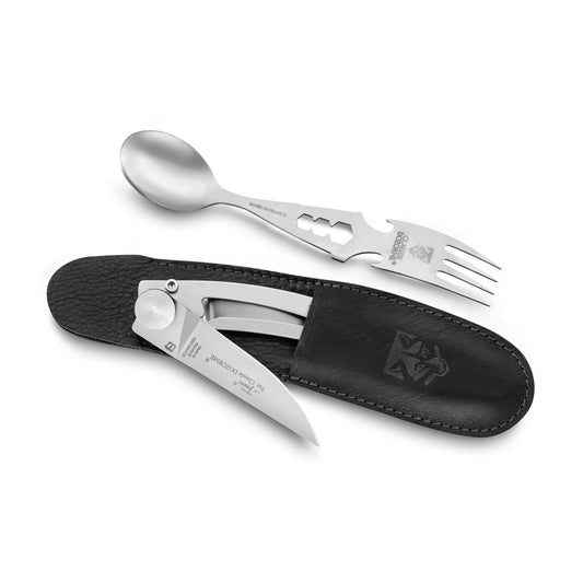 hochwertiges besteck set bestehend aus forkspinner und edelstahl klappmesser von claude dozorme