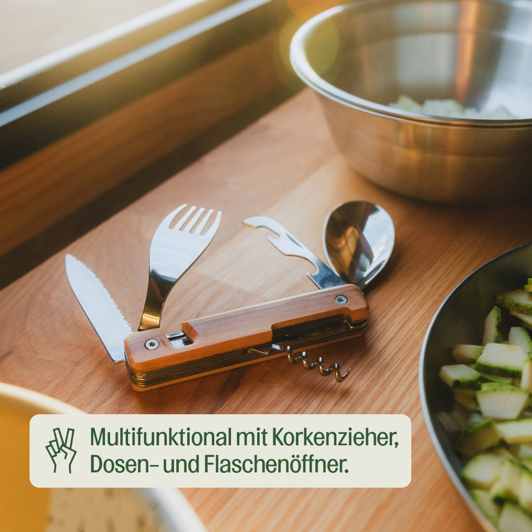 Picknick Besteck Akinod olive Edelstahl mit Flaschenöffner und Korkenzieher