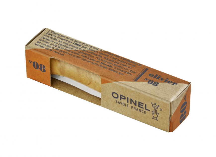 opinel nummer 8 olive wood zusammengeklappt in der plastikfreien verpackung aus karton