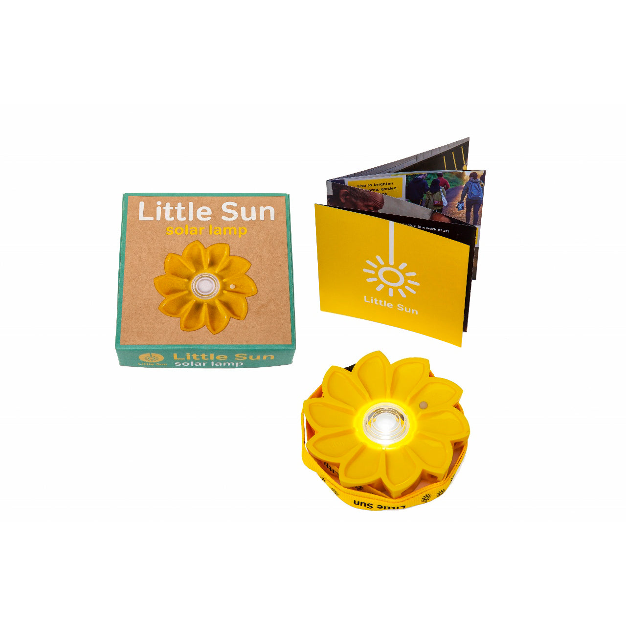 packungsinhalt der little sun original beinhaltet die led solarlampe im blumendesign und eine infobroschüre