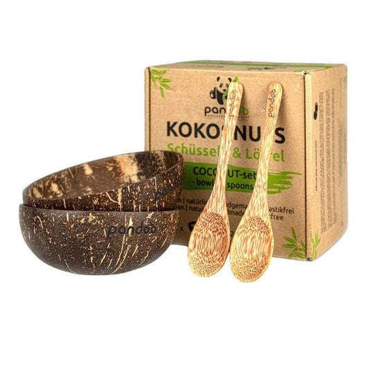 kokosnuss set bestehend aus zwei schüsseln und zwei löffeln aus kokosnuss von pandoo